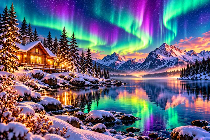 Auroras sobre un refugio nevado