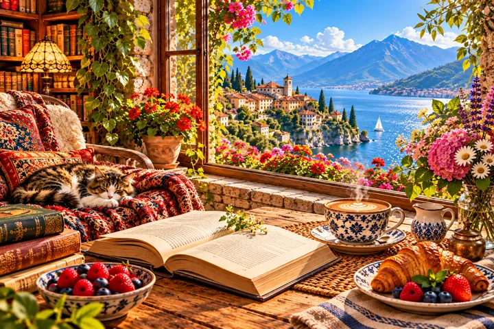 Café y lectura frente al lago