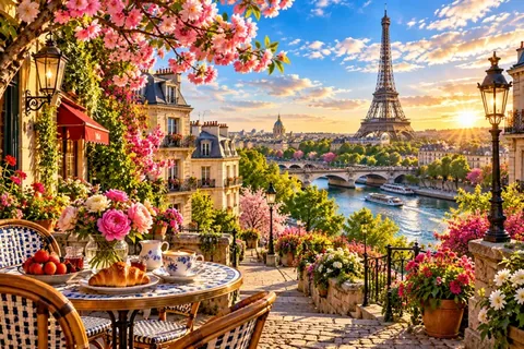 Ilustración de París desde una mesa primaveral