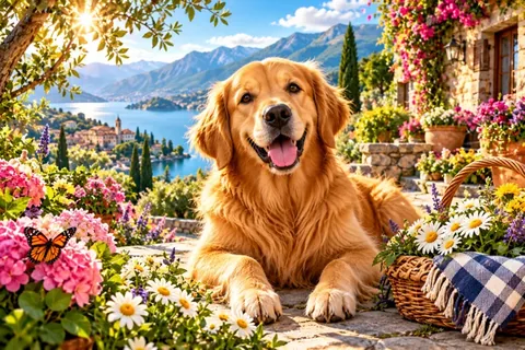 Ilustración de Un golden retriever en el jardín