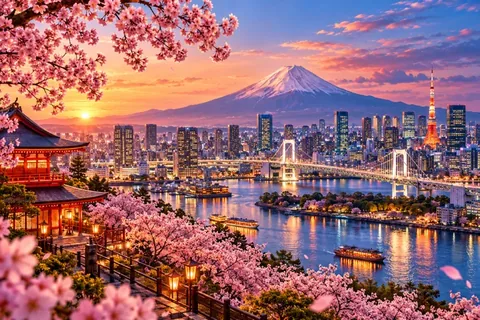Ilustración de Tokio, el Fuji y los cerezos