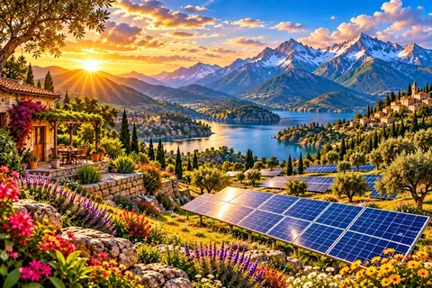Ilustración de Energía solar entre montañas